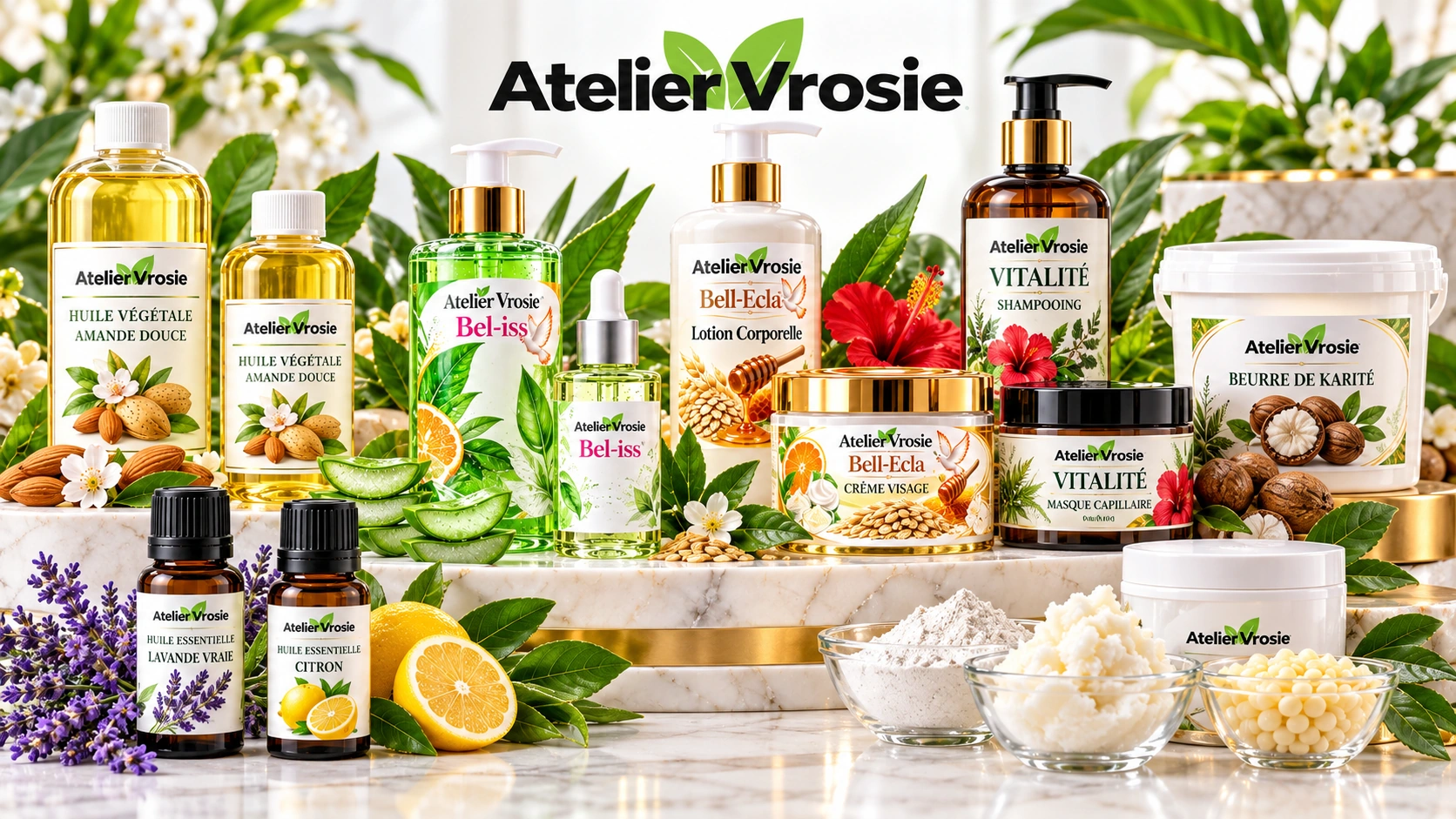 Soins naturels, flacons d’huiles essentielles, ingrédients cosmétiques et contenants sur fond blanc