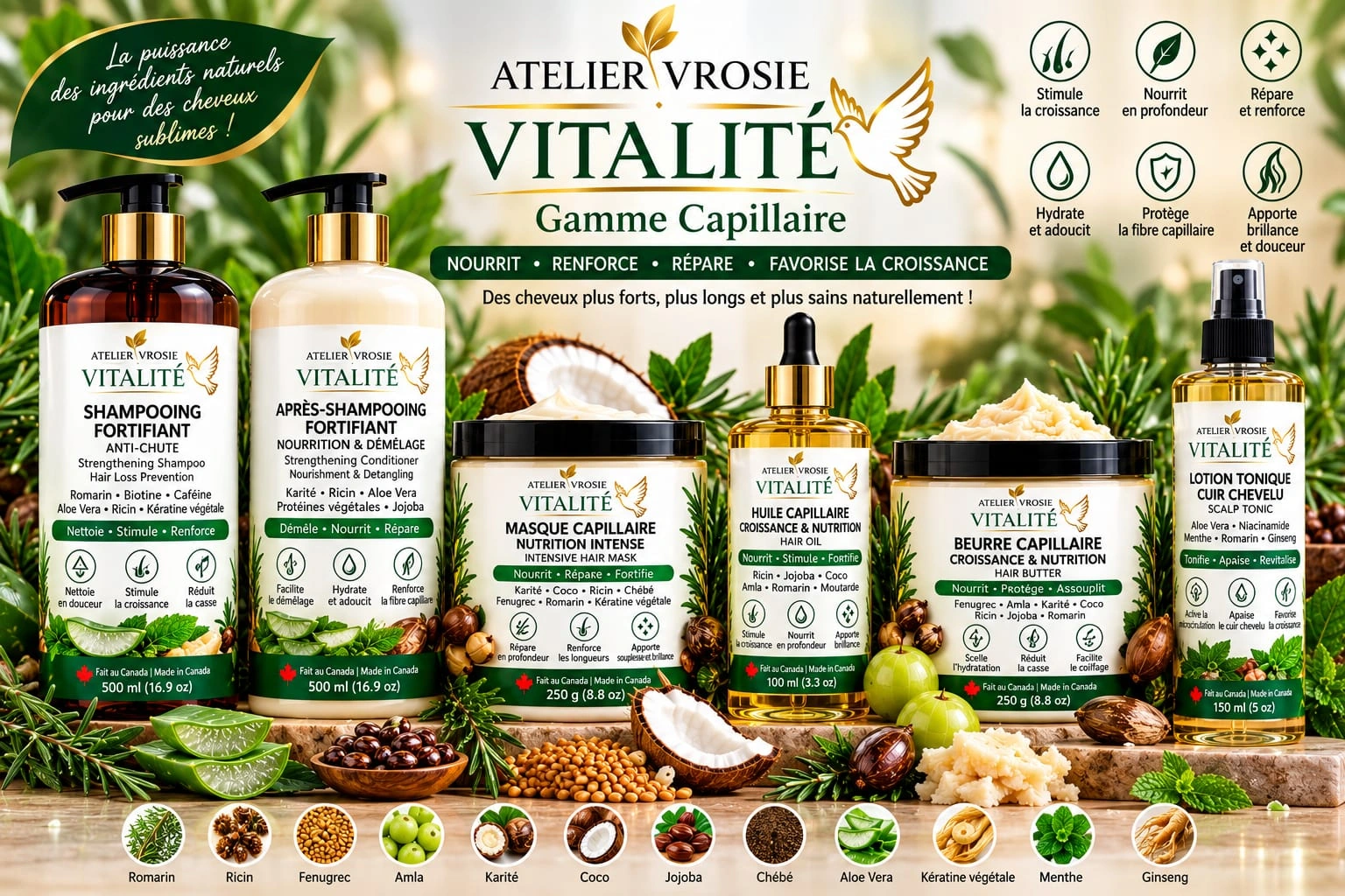 Visuel de la gamme capillaire Atelier Vrosie VITALITÉ, six soins