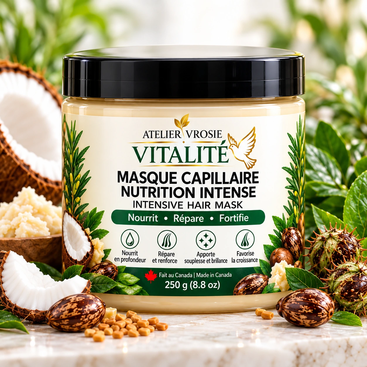 Visuel fourni pour la crème VITALITÉ — emballage étiqueté Masque Capillaire, 250 g